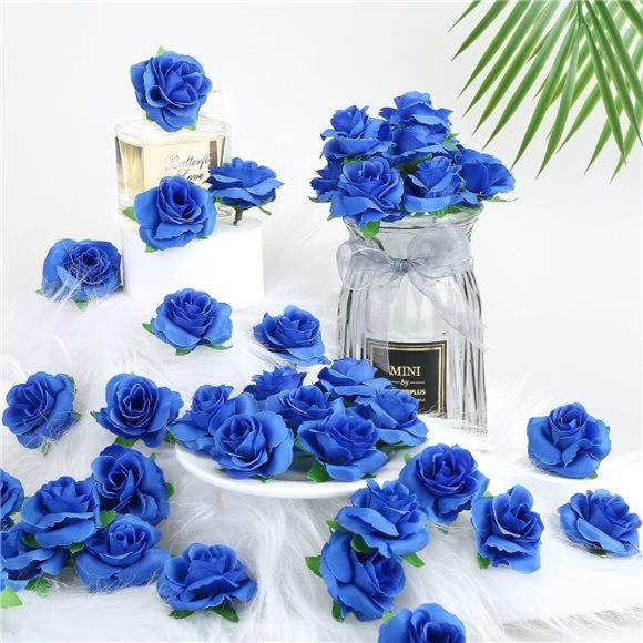 50pcs Blue Roses Artificial Flowers Bulk 1.6" Small Silk Fake Roses Flower Heads - Picture 14 of 14